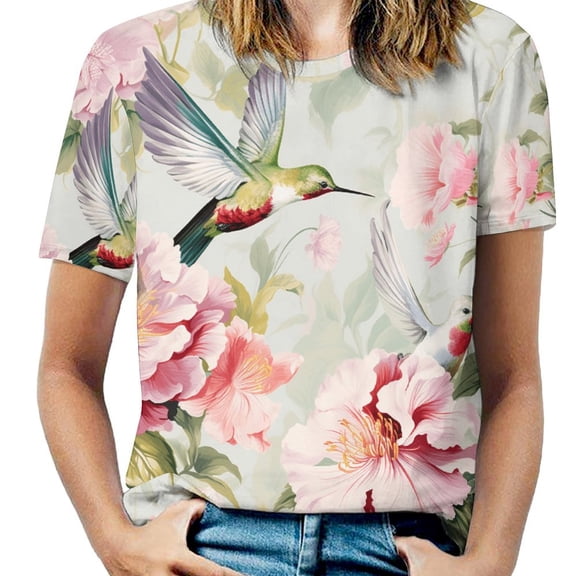 Flower Hummingbird Womens Tops Women's Fashion Casual Short Sleeve Flower Print Round Neck Pullover Top Blouse