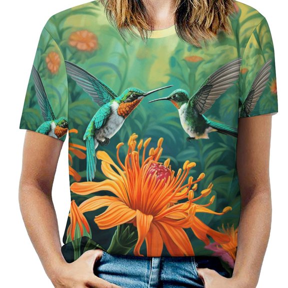 Flower Hummingbird Womens Tops Women's Fashion Casual Short Sleeve Flower Print Round Neck Pullover Top Blouse