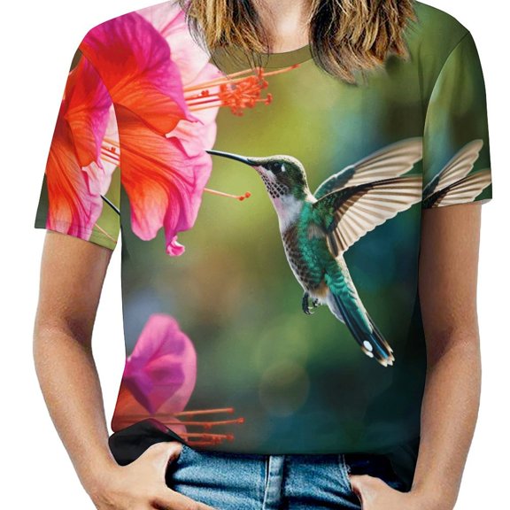 Flower Hummingbird Womens Tops Women's Fashion Casual Short Sleeve Flower Print Round Neck Pullover Top Blouse
