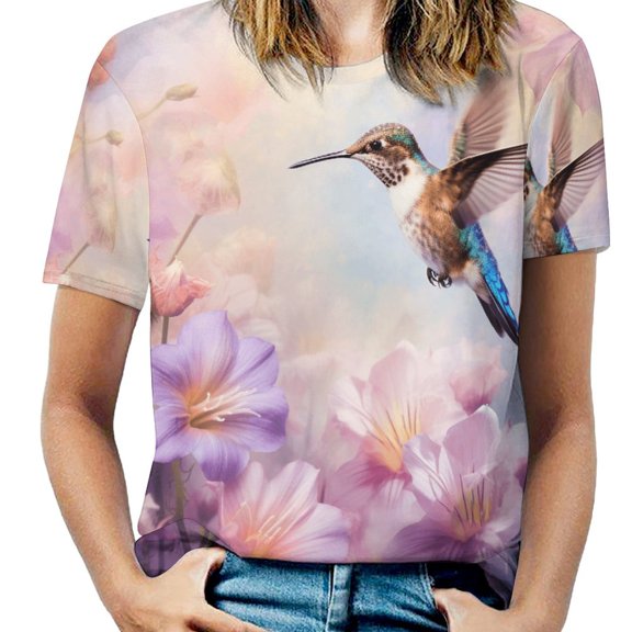 Flower Hummingbird Womens Tops Women's Fashion Casual Short Sleeve Flower Print Round Neck Pullover Top Blouse