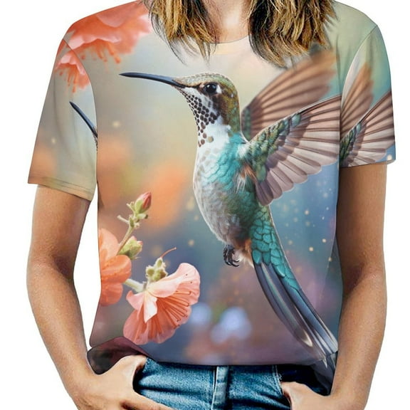 Flower Hummingbird Womens Tops Women's Fashion Casual Short Sleeve Flower Print Round Neck Pullover Top Blouse