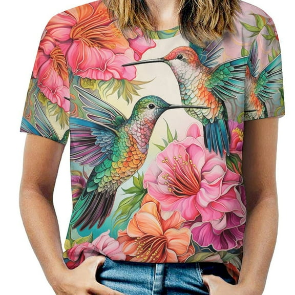 Flower Hummingbird Womens Tops Women's Fashion Casual Short Sleeve Flower Print Round Neck Pullover Top Blouse