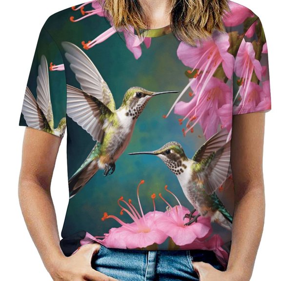 Flower Hummingbird Womens Tops Women's Fashion Casual Short Sleeve Flower Print Round Neck Pullover Top Blouse