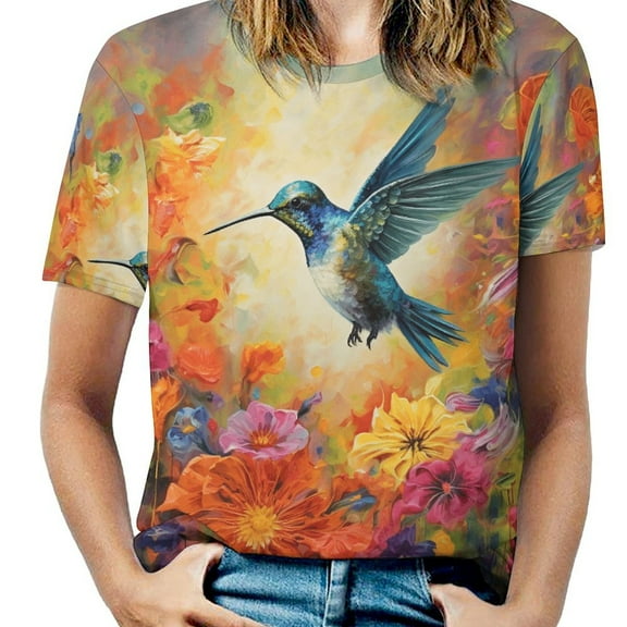 Flower Hummingbird Womens Tops Women's Fashion Casual Short Sleeve Flower Print Round Neck Pullover Top Blouse