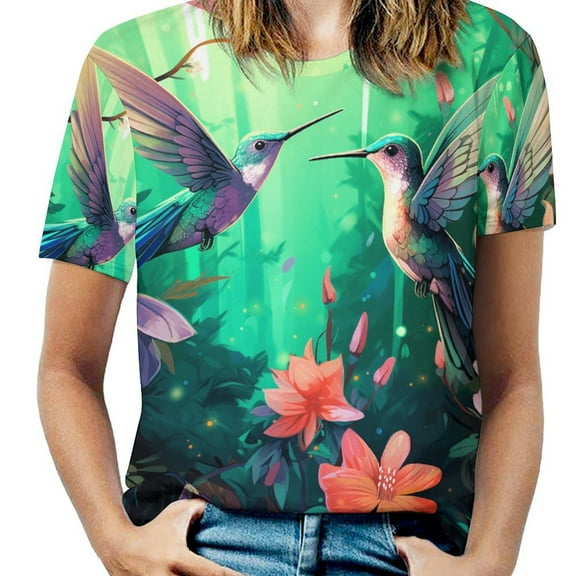 Flower Hummingbird Womens Tops Women's Fashion Casual Short Sleeve Flower Print Round Neck Pullover Top Blouse