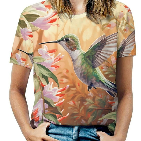 Flower Hummingbird Womens Tops Women's Fashion Casual Short Sleeve Flower Print Round Neck Pullover Top Blouse