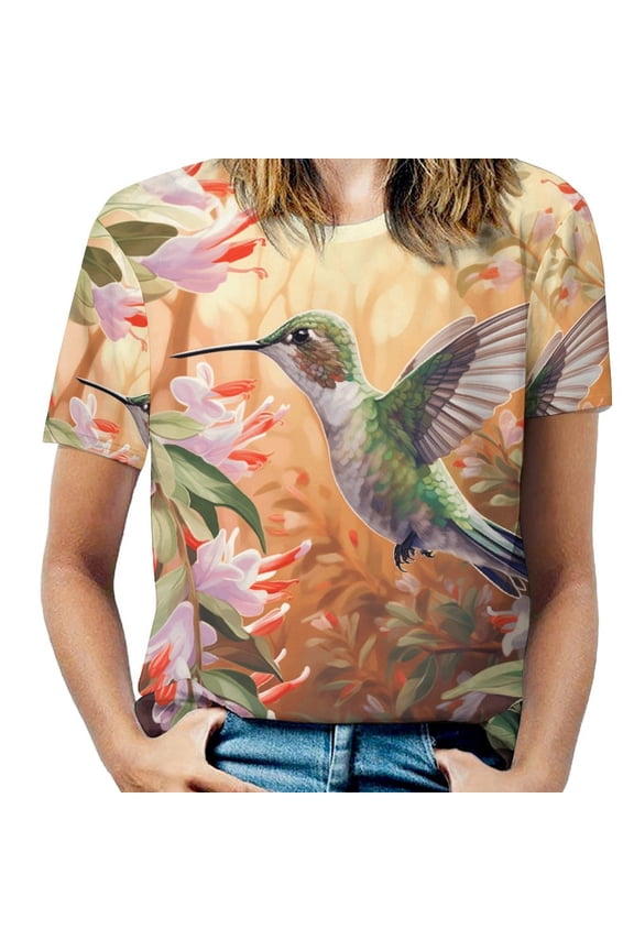 Flower Hummingbird Womens Tops Women's Fashion Casual Short Sleeve Flower Print Round Neck Pullover Top Blouse