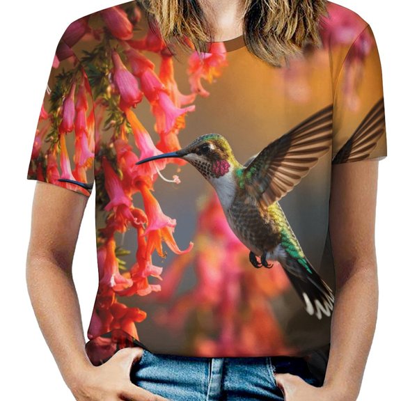 Flower Hummingbird Womens Tops Women's Fashion Casual Short Sleeve Flower Print Round Neck Pullover Top Blouse