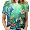 thumbnail image 1 of Flower Hummingbird Womens Tops Women's Fashion Casual Short Sleeve Flower Print Round Neck Pullover Top Blouse, 1 of 6
