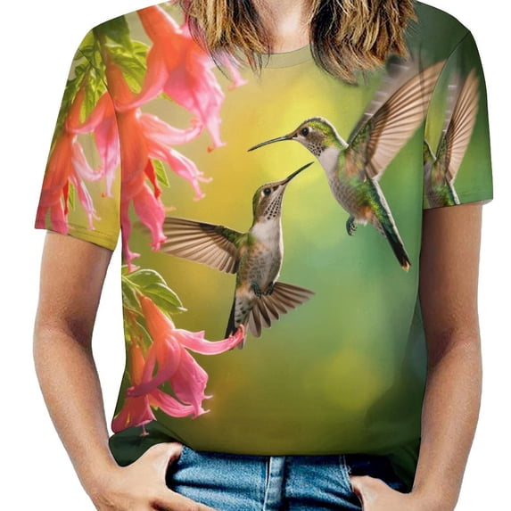Flower Hummingbird Womens Tops Women's Fashion Casual Short Sleeve Flower Print Round Neck Pullover Top Blouse