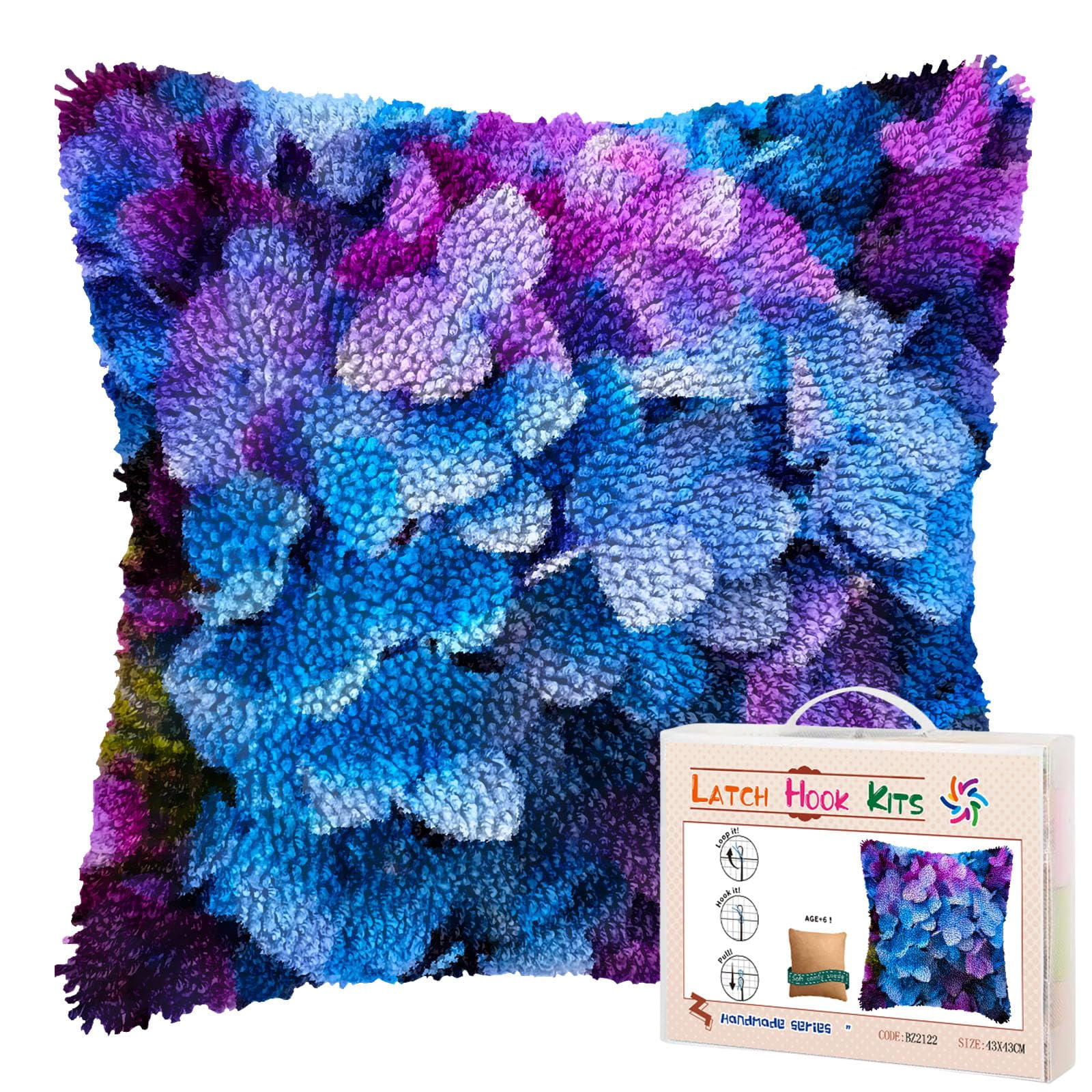 Flower Hydrangea DIY Latch Hook Pillow Kits for Adults Printed Pillowcase Crochet Yarns Hooking Handmade Pillow Cover Cushion for Home Sofa Decoration 17x17inch