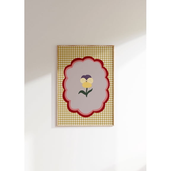 Flower Illustration Fun Girls Room Print Smiley Flower Kids Room Flower Pansy Wall Art Bright Nursery Print Gingham Dopamine Decor Wall Art, Modern Wall Decor, 24x36 UNFRAMED