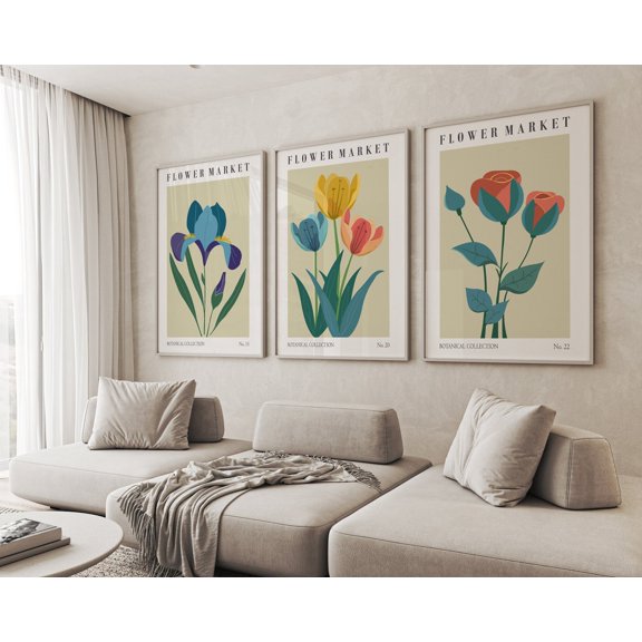 Flower Illustrations Flower Market Iris Tulip and Rose Botanical Floral Set 3 Stretched Canvas 12x18