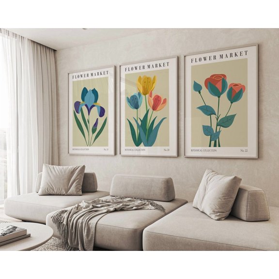 Flower Illustrations Flower Market Iris Tulip and Rose Botanical Floral, Stretched Canvas