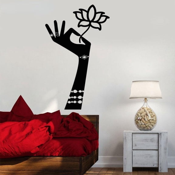 Flower In Hands Wall Decal Hinduism Mehndi Lotus Flower Meditation Room Vinyl Stickers Bohemian Decor Art Mural Home 57x93cm