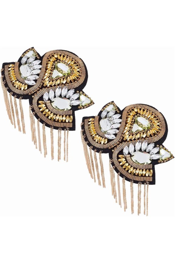 Flower Iron Chain Tassel with Rhinestone Epaulettes Shoulder Badges Golden 180x127x7mm for DIY