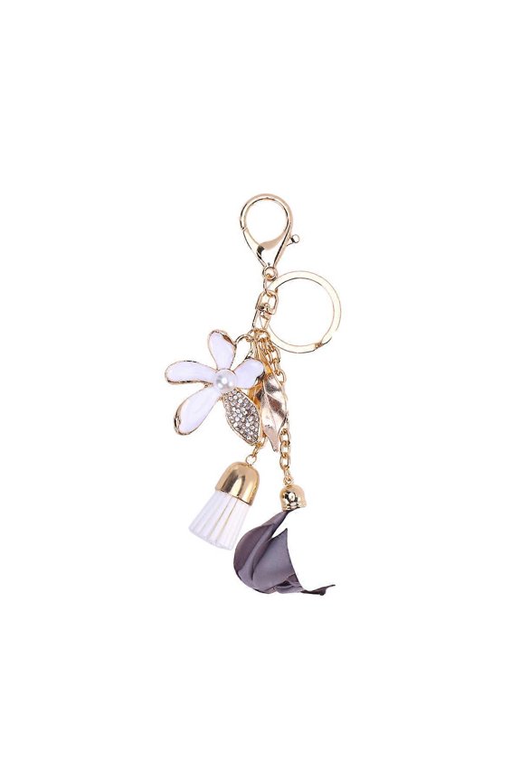 Flower Keychain Charm Crystal Five-Leaf Tassel Leaves Key Ring Gray Elegant Bag Accessory 4x1.5x15cm 1Set