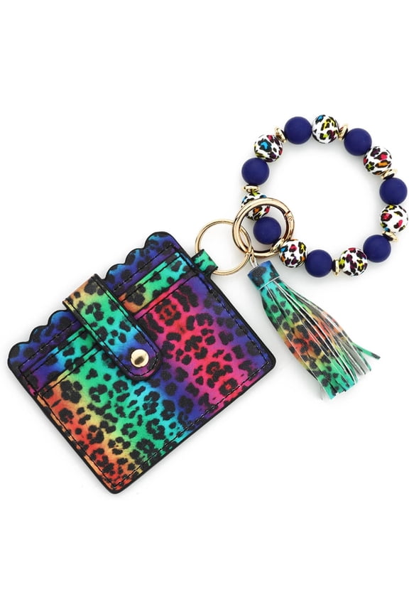 Flower Keychain Wristlet Wallets for Women Cute Silicone Beaded Credit Card Holder Aesthetic Key Ring Bracelet Leopard Wallet (Leopard)