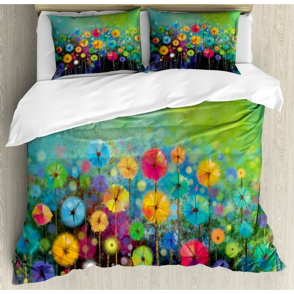 Flower King Size Duvet Cover Set, Dandelions Featured in Garden with Brushstrokes Watercolored Abstract Landscape Art, Decorative 3 Piece Bedding Set with 2 Pillow Shams, Multicolor, by Ambesonne