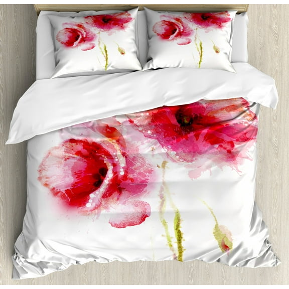 Flower King Size Duvet Cover Set, Little Red Spring Summer Time Garden Florals Field Poppy Artwork, Decorative 3 Piece Bedding Set with 2 Pillow Shams, Hot Pink Pale Pink and White, by Ambesonne