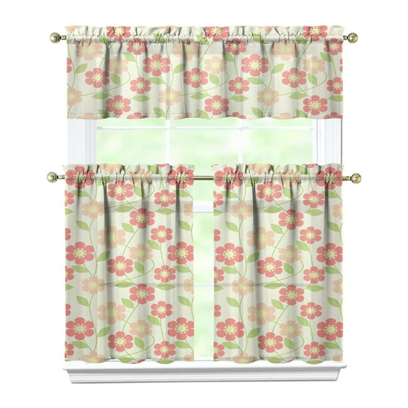 Flower Kitchen Curtain Valance 3 Piece Set Short Curtain Sink Window Decor 36 Inch Small Window Treatment Tier 27.5x36 Length