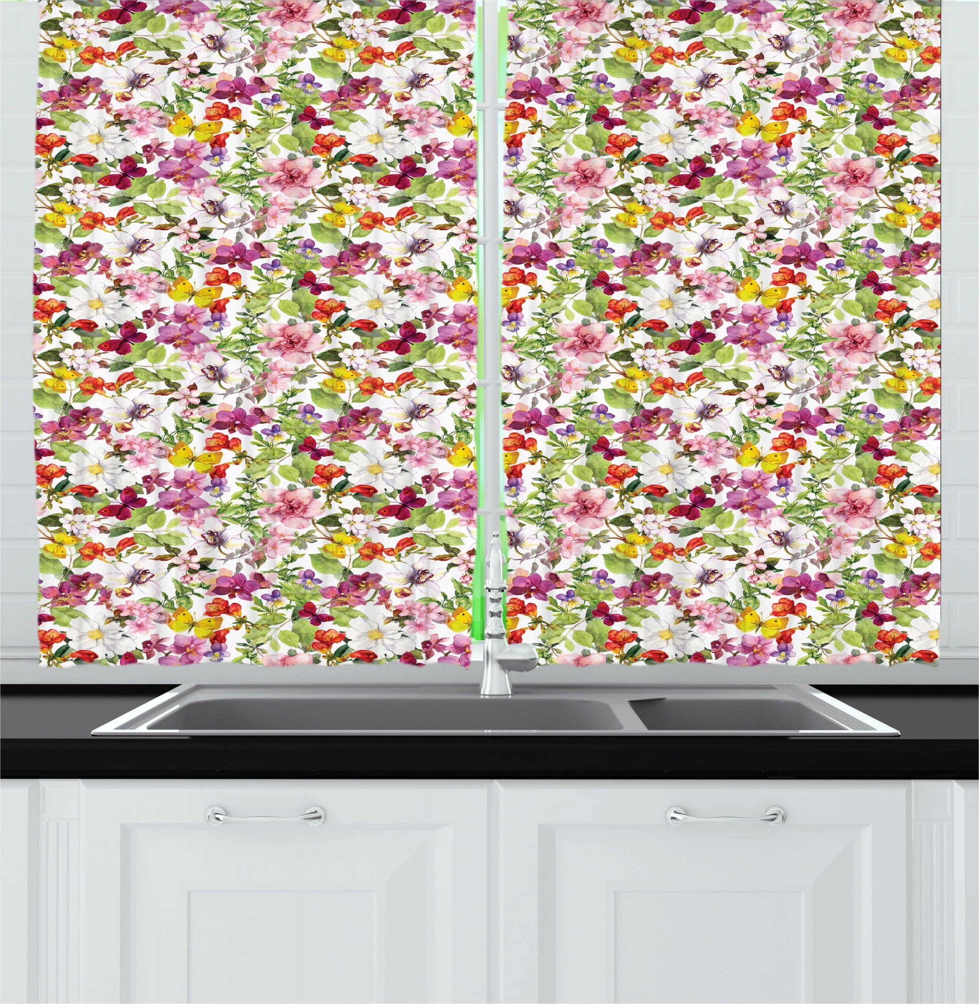 Flower Kitchen Curtains, French Vintage Retro Flower Pattern Old Fashion Design, Two Panels ...