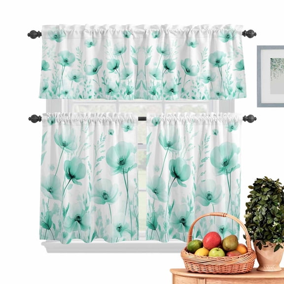 Flower Kitchen Curtains Valances 3 Piece Set, Teal Blue Rod Pocket Tier Curtain and Valance Drapes for Small Window 36 Inch Length for Bedroom Cafe