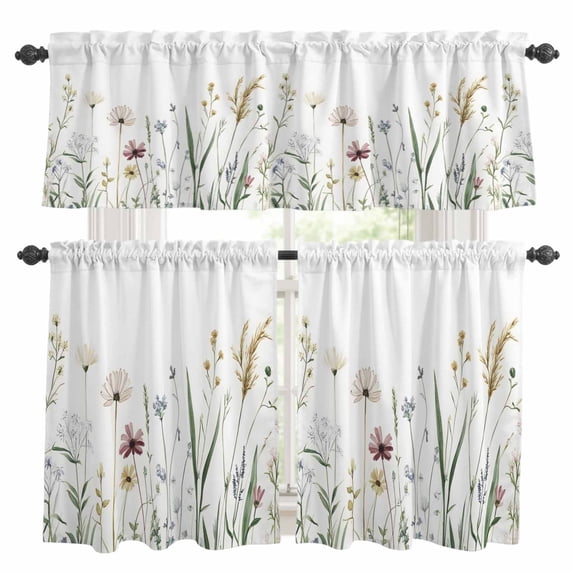 Flower Kitchen Curtains Valances and Tiers Set of 3 Watercolor Floral Leaf Plant Rustic Botanical Farmhouse Tier Curtains and Valance with Rod Pocket for Small Windows, 27.5"x24"