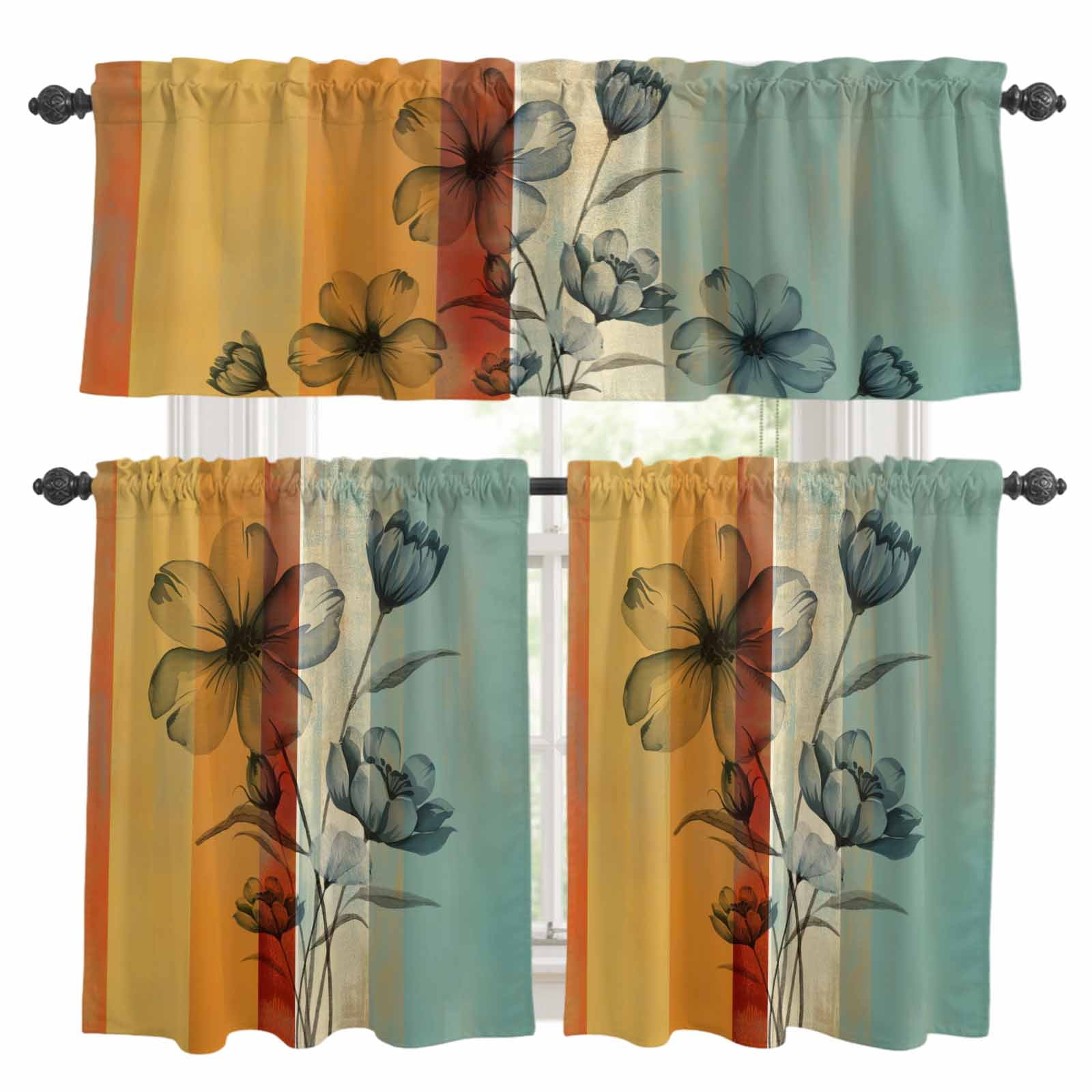 Flower Kitchen Curtains Valances and Tiers Set of 3 Green Yellow Floral ...