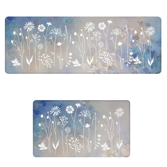 Flower Kitchen Floor Mat Set (2 Pcs), Non-Slip Waterproof 17 "x47"+17 "x29" Kitchen Rugs and Mats, PVC Cushioning Anti-fatigue Household Kitchen Floor Mats,Blue