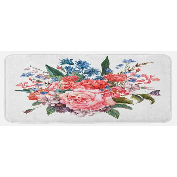 Flower Kitchen Mat, Bouquet of Garden Mountain Flowers with Roses and Daisises Buds and Leaves Print, Plush Decorative Kitchen Mat with Non Slip Backing, 47" X 19", Multicolor, by Ambesonne