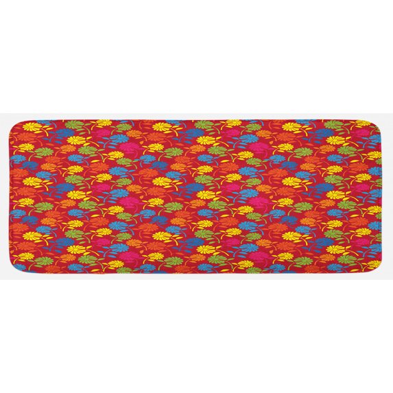 Flower Kitchen Mat, Colorful Blooming Daisies on a Warm Colored Background Rainbow Wildflower Pattern, Plush Decorative Kitchen Mat with Non Slip Backing, 47" X 19", Multicolor, by Ambesonne