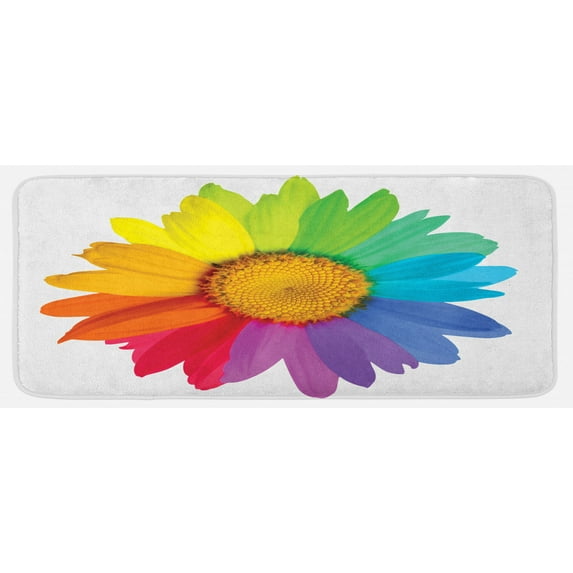 Flower Kitchen Mat, Rainbow Colored Sunflower or Daisy Spring Inspired Image Hippie Style Modern Design, Plush Decorative Kitchen Mat with Non Slip Backing, 47" X 19", Multicolor, by Ambesonne