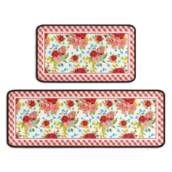 Flower Kitchen Mat Sets 2 Piece Farmhouse Anti Fatigue Waterproof Stain Resistant Floor Rug Non Slip Pioneer Flower Woman Kitchen Accessories Laundry Room Rug - 17x29 and 17x47 Inch