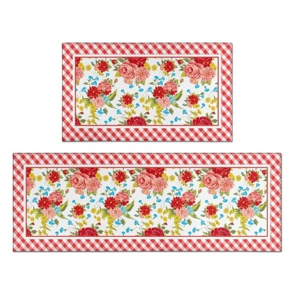 Flower Kitchen Mat Sets 2 Piece Farmhouse Anti Fatigue Waterproof Stain Resistant Floor Rug Non Slip Pioneer Flower Woman Kitchen Laundry Room Rug - 17x30+17x47Inch