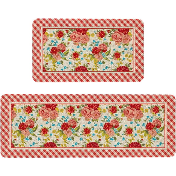 Flower Kitchen Mat Sets 2 Piece Farmhouse Anti Fatigue Waterproof Stain Resistant Floor Rug Non Slippioneer Woman Kitchen Accessories Laundry Room Rug - 17x29 and 17x47 Inch