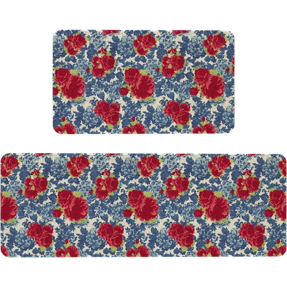 Flower Kitchen Mat Sets 2 Piece Farmhouse Anti Fatigue Waterproof Stain Resistant Floor Rug Non Slippioneer Woman Kitchen Accessories Laundry Room Rug - 17x29 and 17x47 Inch