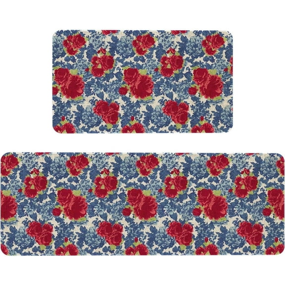 Flower Kitchen Mat Sets 2 Piece Farmhouse Waterproof Stain Resistant Floor Rug Non Slippioneer Woman Kitchen Accessories Laundry Room Rug - 17x30+17x47