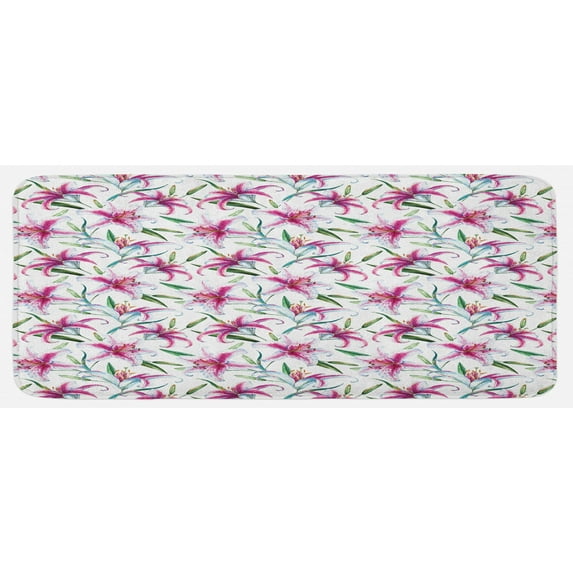 Flower Kitchen Mat, Tropical Watercolors Vivid Lively Lily Flower Wild Nature Plants Image, Plush Decorative Kitchen Mat with Non Slip Backing, 47" X 19", Purple Green, by Ambesonne