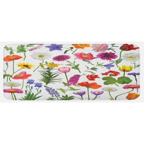 Flower Kitchen Mat, Types of Flowers Vivid Colored Roses Tulips Daisies Hydrangeas Lilacs Art Print, Plush Decorative Kitchen Mat with Non Slip Backing, 47" X 19", Multicolor, by Ambesonne