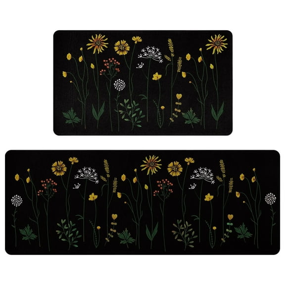Flower Kitchen Rugs Set of 2, Non Skid Kitchen Mats, Black Waterproof Cushioned Anti Fatigue Kitchen Mat Washable, 17"x47"+17"x29"