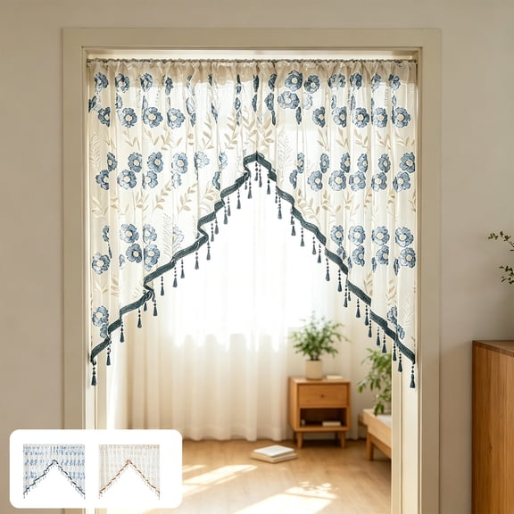 Flower Lace Embroidered Triangular Door Curtain, No-Punch SheerPanel for Kitchen, Bedroom, and Partition, Blue