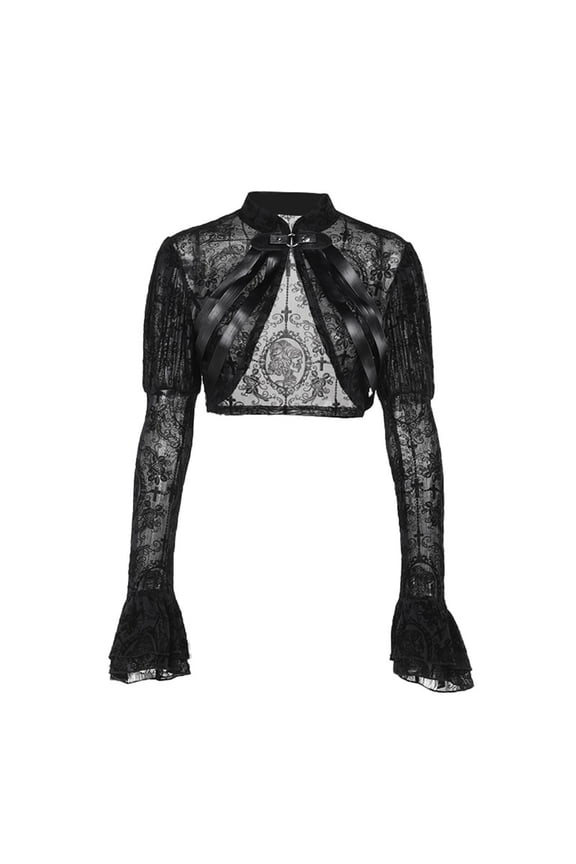 Flower Lace Pattern See Through Jackets for Women Vintage Florals Mesh Crop Top Shrug Flared Sleeve Sheer Cardigan