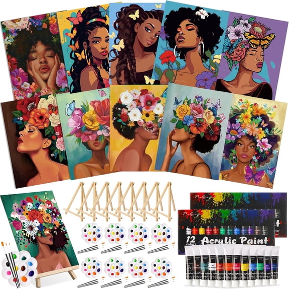Flower Lady Paint and Sip Kit for Adults 8 x 10 Pre Drawn Canvas Acrylic Painting Set with Wooden Easel Brushes and Patterns