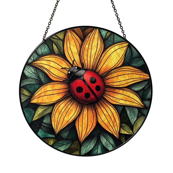 Flower Ladybug Glass Suncatcher for Window Decor, Bright Spring Light Catcher Hanging Ornament, Nature Inspired Home Accent Gift