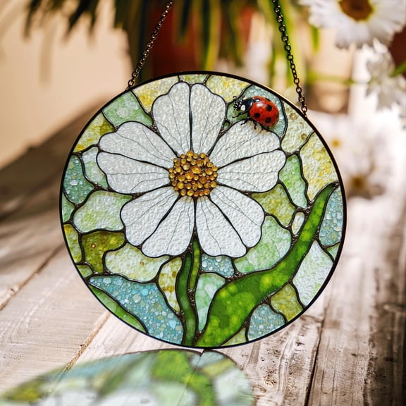 Flower Ladybug Stained Glass Suncatcher, Charming Garden Window Hanging, Sweet Gift for Mom, Mother’s Day Decor
