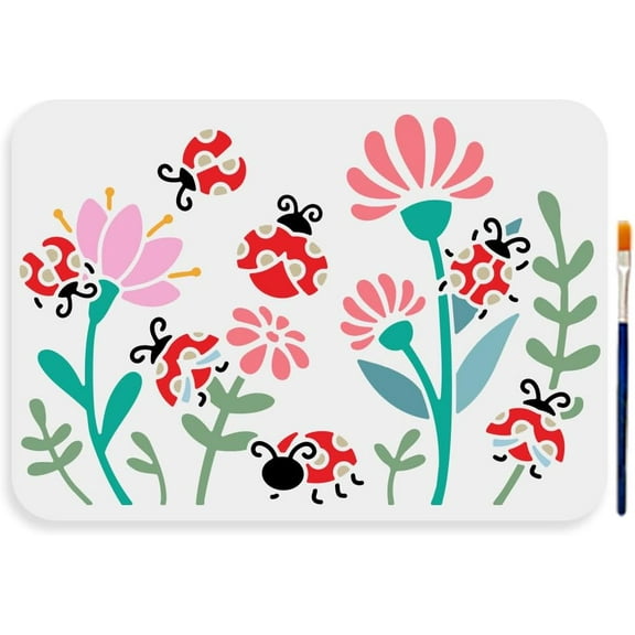 Flower Ladybug Stencil 11.78.3inch Large Ladybug Wildflower Stencil with Paint Brush Reusable Insect Plant Stencils Template