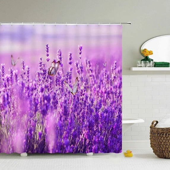 Flower Landscape Lavender Shower Curtains Bathroom Decor Bath Purple Curtains Waterproof Polyester Fabric 12 Set Mat
