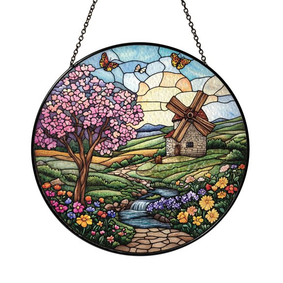 Flower Landscape Windmill Window Hanging Glass Suncatcher, Bright Countryside Home Decor