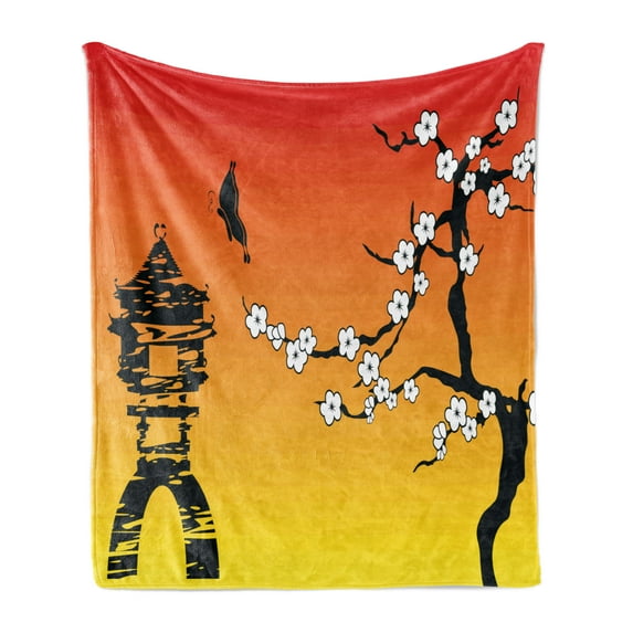 Flower Landscapes Soft Flannel Fleece Throw Blanket, Silhouette of a Japanese Sakura Tree, Cozy Plush for Indoor and Outdoor Use, 50" x 70", Yellow Vermilion, by Ambesonne
